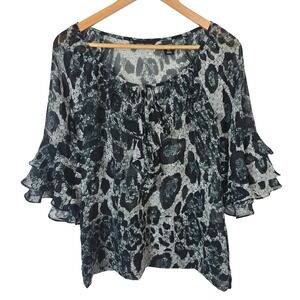 New York & Company Animal Print Ruffle Tie Neck Sheer Chiffon Blouse XS